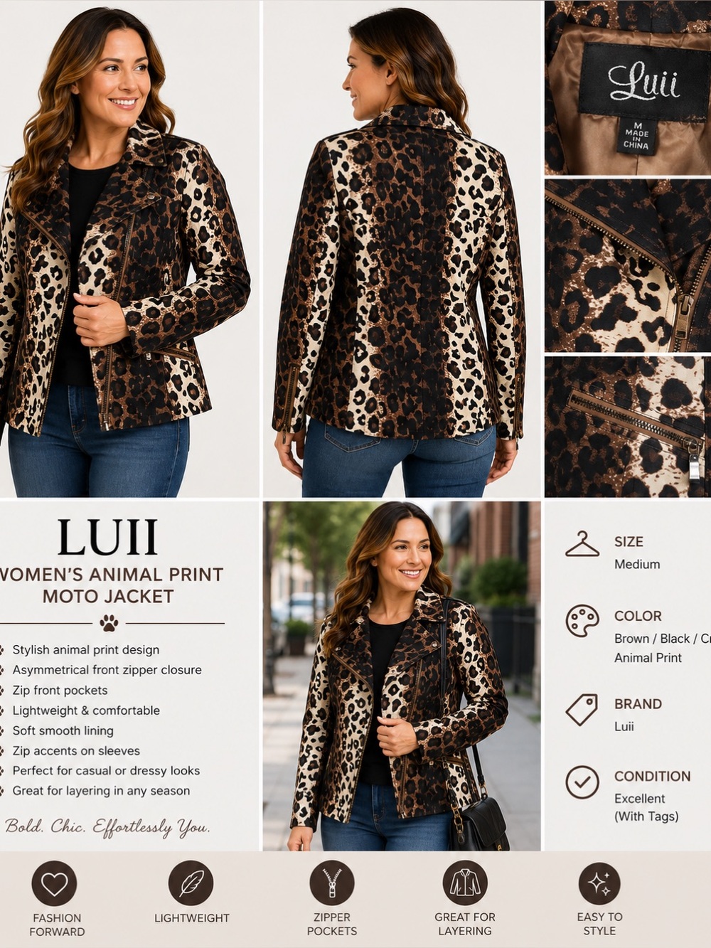 Luii Brown and Black Leopard Print Moto Jacket